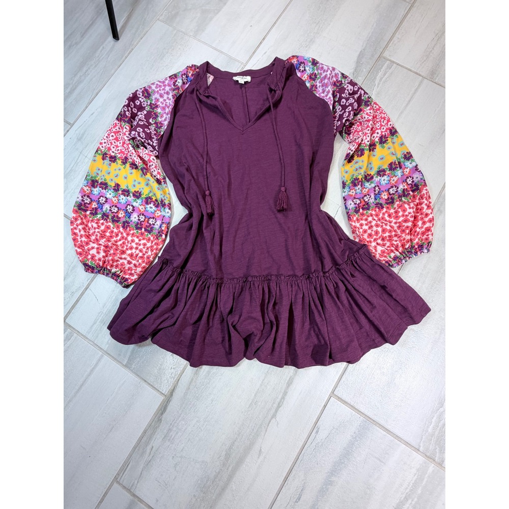 Umgee USA Plum Purple Floral Patchwork Balloon Sleeve Tassel Tunic Top M C2044